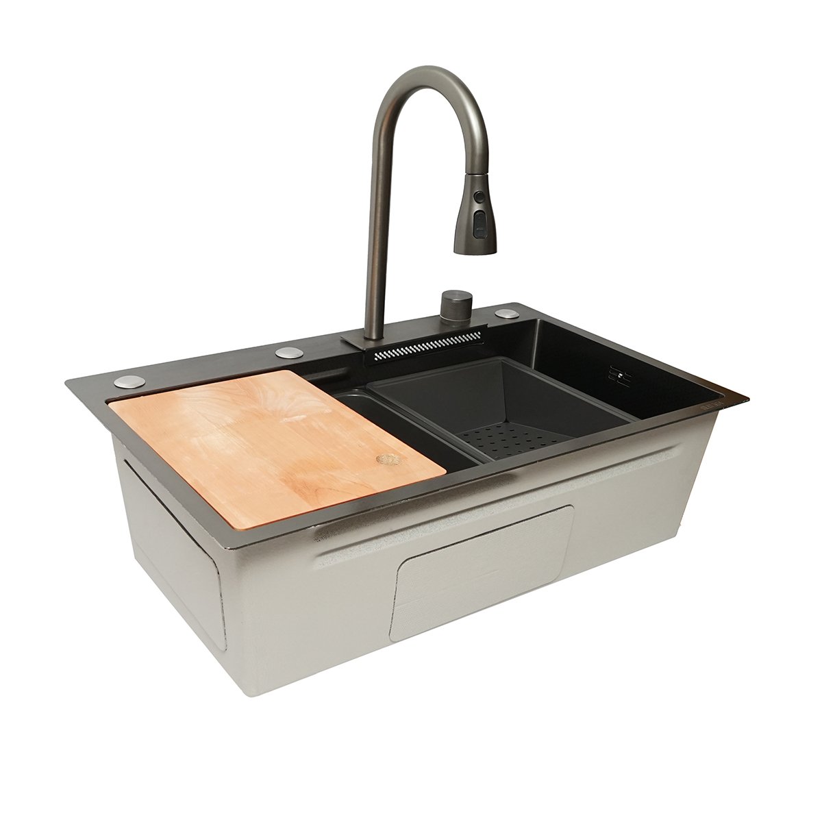 Chiuveta bucatarie multifunctionala, otel inoxidabil cu functie cascada, scurgator, tava, tocator si accesorii incluse, dimensiune 75x46x22cm